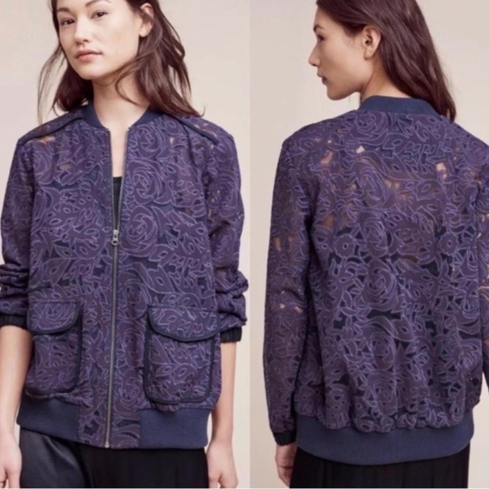 Anthropologie Blue Elevenses lace bomber jacket Small